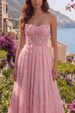 Strapless A Line Pink Corset Long Prom Dress with 3D Flowers