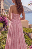 Strapless A Line Pink Corset Long Prom Dress with 3D Flowers