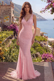 Pink Mermaid V Neck Beaded Long Prom Dress with Pearls