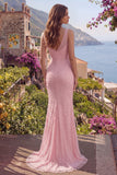 Pink Mermaid V Neck Beaded Long Prom Dress with Pearls