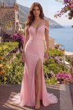 Pink Mermaid Cold Shoulder Beaded Long Prom Dress with Slit