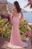 Pink Mermaid Cold Shoulder Beaded Long Prom Dress with Slit