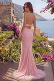 Halter Mermaid Pink Backless Long Prom Dress with Slit