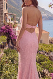 Halter Mermaid Pink Backless Long Prom Dress with Slit