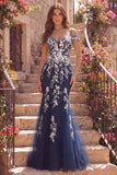 Navy Floral Mermaid Cold Shoulder Long Prom Dress