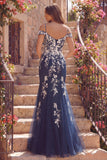 Navy Floral Mermaid Cold Shoulder Long Prom Dress