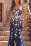 Navy Floral Mermaid Cold Shoulder Long Prom Dress