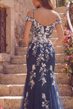 Navy Floral Mermaid Cold Shoulder Long Prom Dress