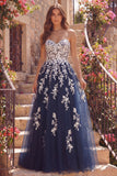 Sweetheart Navy A Line Floral Tulle Long Prom Dress