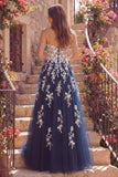 Sweetheart Navy A Line Floral Tulle Long Prom Dress