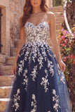 Sweetheart Navy A Line Floral Tulle Long Prom Dress