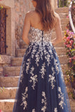 Sweetheart Navy A Line Floral Tulle Long Prom Dress
