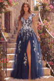 Navy Tulle A Line Floral V-Neck Long Prom Dress with Slit