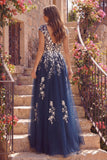 Navy Tulle A Line Floral V-Neck Long Prom Dress with Slit