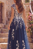Navy Tulle A Line Floral V-Neck Long Prom Dress with Slit