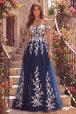 Off The Shoulder Navy Floral A Line Long Tulle Prom Dress