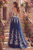 Off The Shoulder Navy Floral A Line Long Tulle Prom Dress