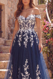 Off The Shoulder Navy Floral A Line Long Tulle Prom Dress