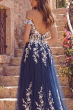 Off The Shoulder Navy Floral A Line Long Tulle Prom Dress