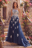 Navy Floral One Shoulder Tulle A Line Long Prom Dress