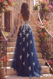 Navy Floral One Shoulder Tulle A Line Long Prom Dress