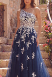 Navy Floral One Shoulder Tulle A Line Long Prom Dress
