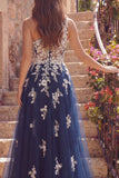 Navy Floral One Shoulder Tulle A Line Long Prom Dress