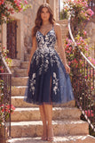 Navy A Line Floral Spaghetti Straps Tulle Prom Dress with Slit