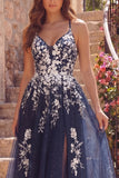 Navy A Line Floral Spaghetti Straps Tulle Prom Dress with Slit