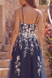 Navy A Line Floral Spaghetti Straps Tulle Prom Dress with Slit