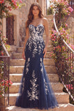 Navy Sweetheart Floral Mermaid Long Tulle Prom Dress