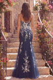 Navy Sweetheart Floral Mermaid Long Tulle Prom Dress