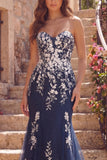 Navy Sweetheart Floral Mermaid Long Tulle Prom Dress