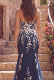 Navy Sweetheart Floral Mermaid Long Tulle Prom Dress