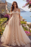 Champagne Off The Shoulder Corset A Line Long Prom Dress with 3D Flowers