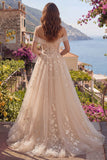 Champagne Off The Shoulder Corset A Line Long Prom Dress with 3D Flowers