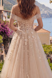 Champagne Off The Shoulder Corset A Line Long Prom Dress with 3D Flowers