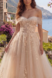 Champagne Off The Shoulder Corset A Line Long Prom Dress with 3D Flowers
