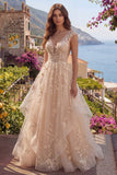 Champagne A Line Ruffled V-Neck Long Prom Dress with Appliques