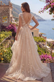 Champagne A Line Ruffled V-Neck Long Prom Dress with Appliques