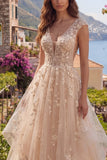 Champagne A Line Ruffled V-Neck Long Prom Dress with Appliques
