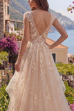 Champagne A Line Ruffled V-Neck Long Prom Dress with Appliques