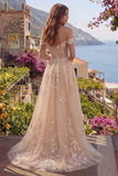 Champagne Off The Shoulder A Line Corset Long Prom Dress with 3D Flowers