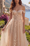 Champagne Off The Shoulder A Line Corset Long Prom Dress with 3D Flowers