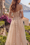 Champagne Off The Shoulder A Line Corset Long Prom Dress with 3D Flowers