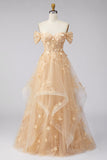 Off The Shoulder Champagne Ruffled A Line Corset Long Prom Dress with 3D Flowers