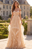 Off The Shoulder Champagne Ruffled A Line Corset Long Prom Dress with 3D Flowers
