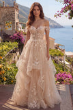 Off The Shoulder Champagne Ruffled A Line Corset Long Prom Dress with 3D Flowers