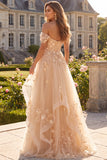 Off The Shoulder Champagne Ruffled A Line Corset Long Prom Dress with 3D Flowers