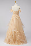 Off The Shoulder Champagne Ruffled A Line Corset Long Prom Dress with 3D Flowers